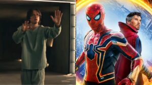 Left: Lewis Pullman as Bob/The Sentry in Thunderbolts* Right: Spider-Man (Tom Holland) and Doctor Strange (Benedict Cumberbatch) in Spider-Man: No Way Home.