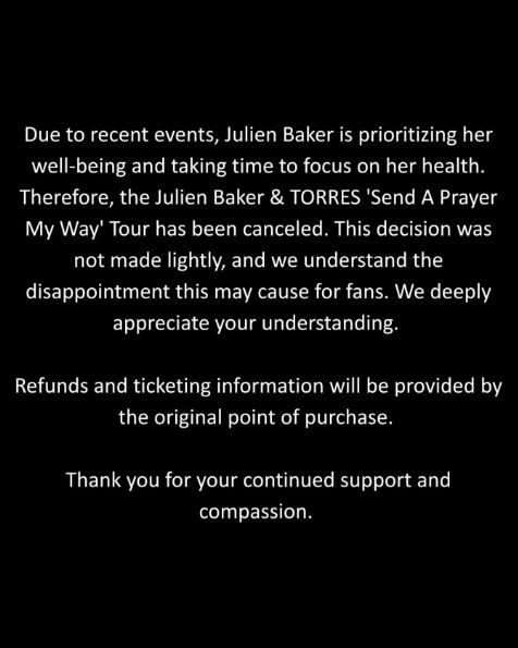 Announcement of Julien Baker and TORRES tour cancellation.