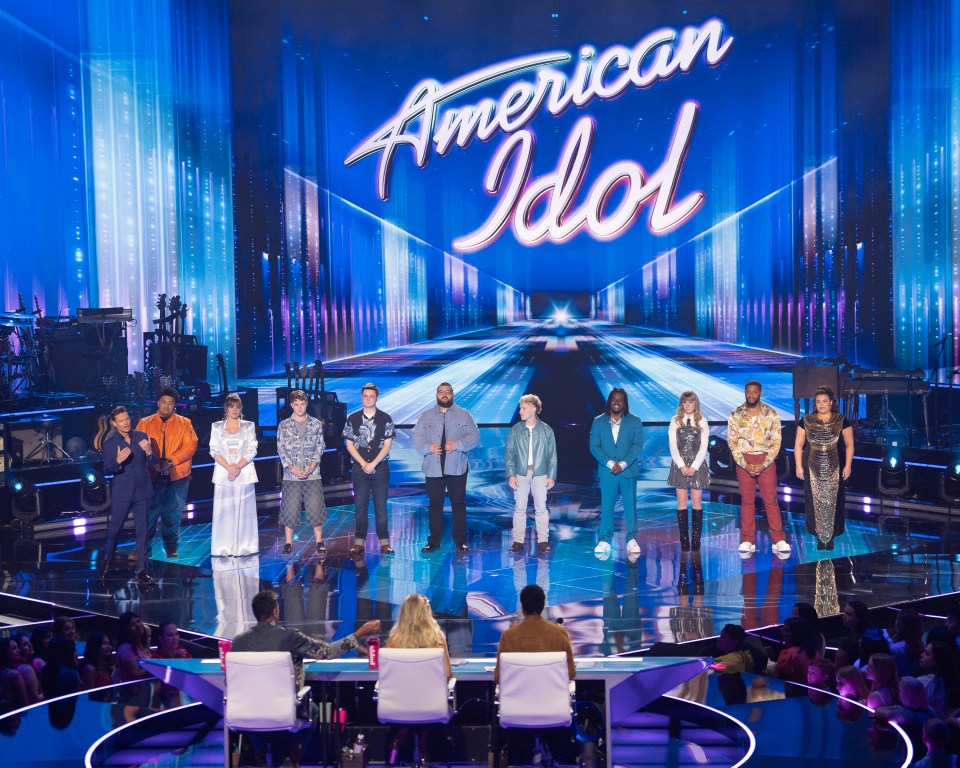 American Idol Top 14 finalists on stage with judges.