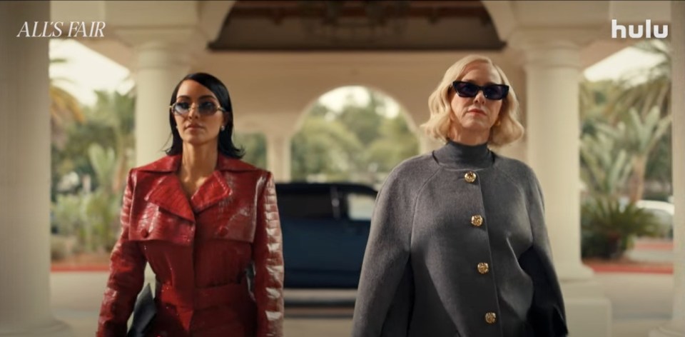 Still image from the Hulu series "All's Fair," featuring Kim Kardashian and another woman.