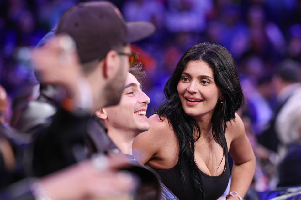 Kylie Jenner and Timothée Chalamet courtside at an NBA game.