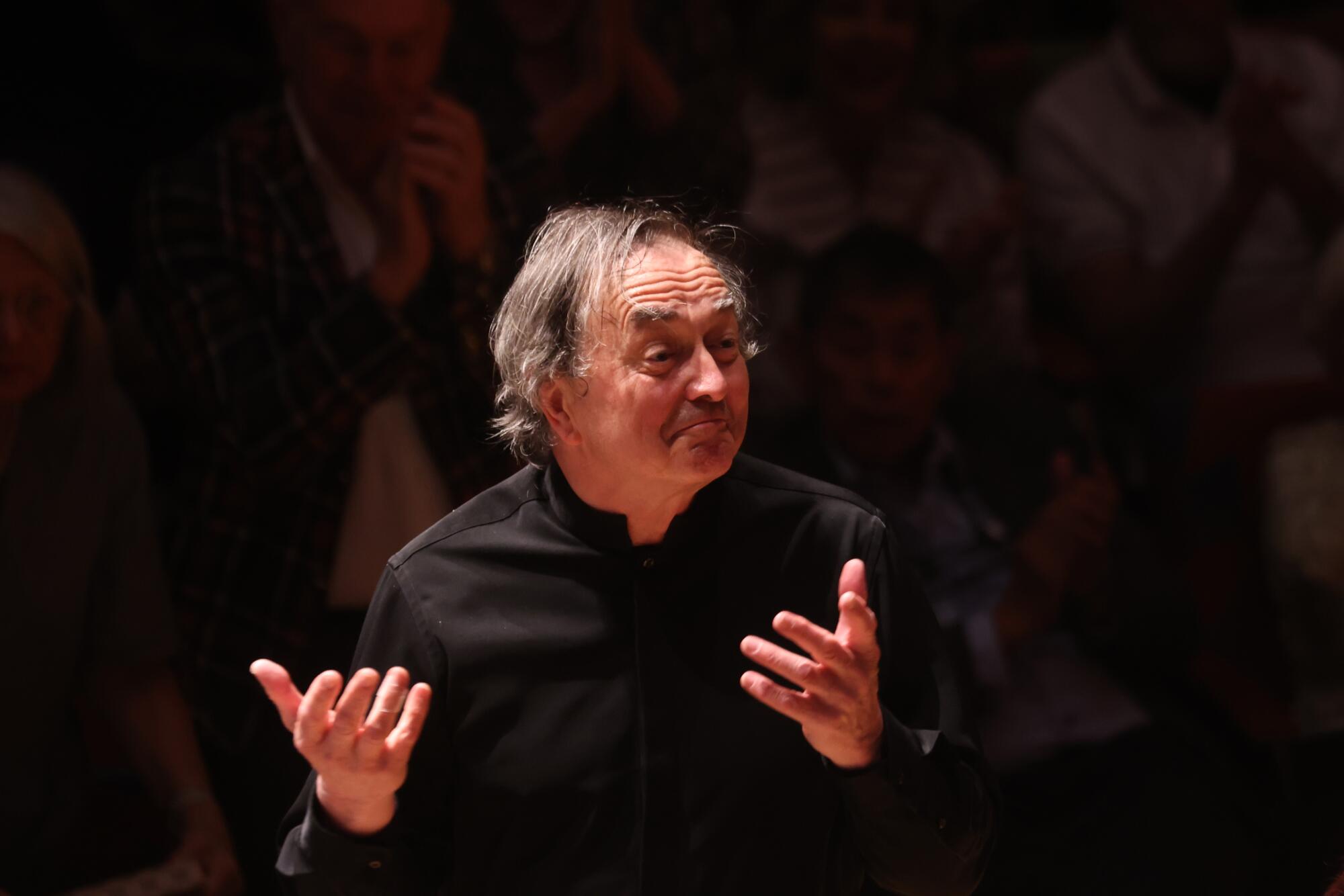 Pierre-Laurent Aimard smiles Sunday onstage at Disney Hall.