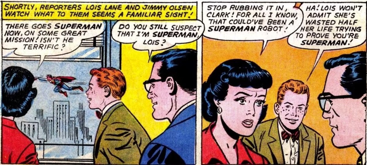 Lois Lane tries to prove Clark Kent is Superman in the pages of Silver Age DC Comics.
