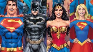 Superman, Batman, Wonder Woman, and Supergirl stand side by side. Art by Nicola Scott.