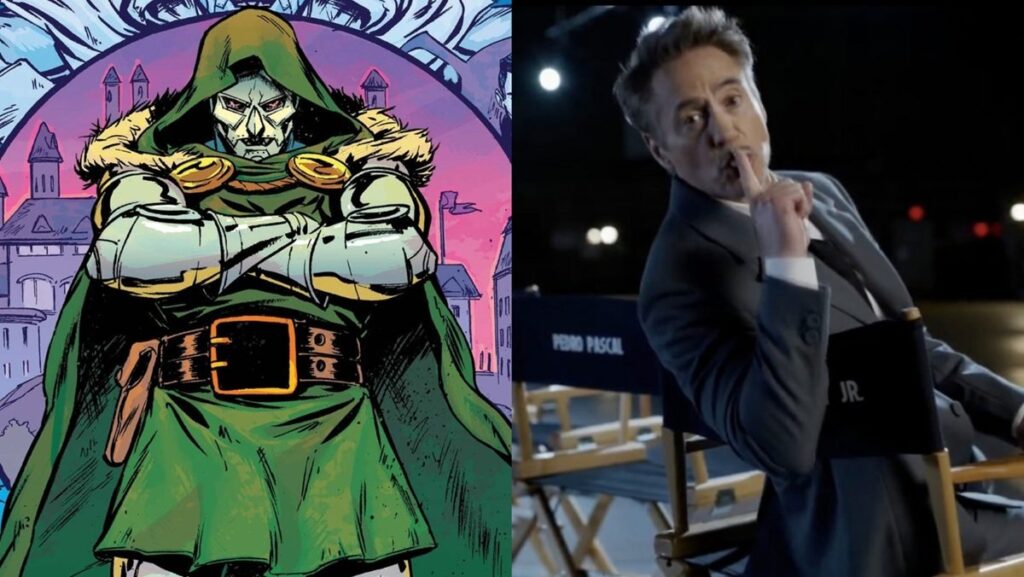 (Left) Doctor Doom by Sanford Greene (RIght) Robert Downey Jr. on set of Avengers: Doomsday