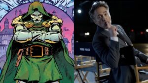 (Left) Doctor Doom by Sanford Greene (RIght) Robert Downey Jr. on set of Avengers: Doomsday