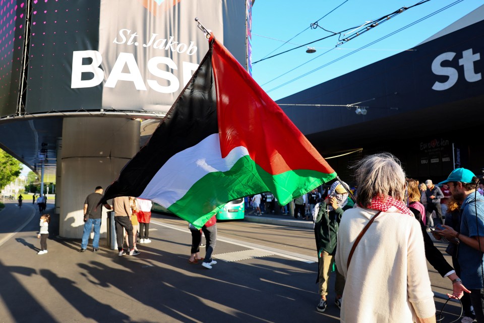 Person holding a Palestinian flag at a protest during the Eurovision Song Contest.