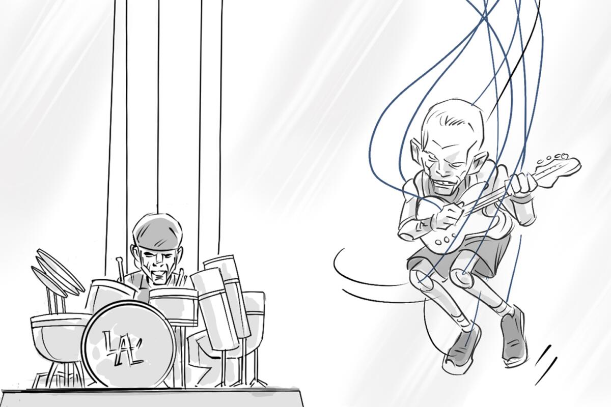 A sketch of a man behind a drum kit and a bass player jumping in the air.