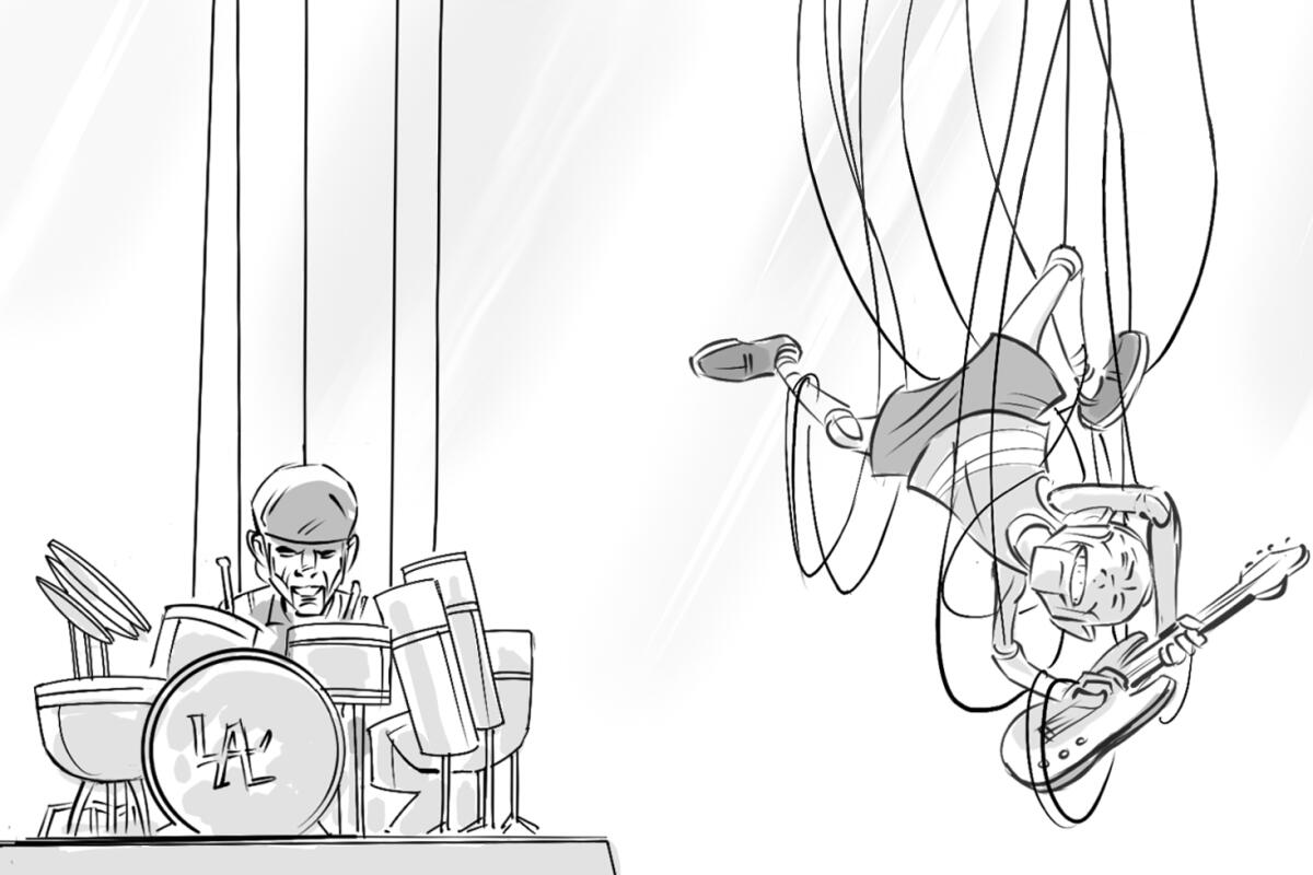 A sketch of a man behind a drum kit and a bass player making a flip in the air.