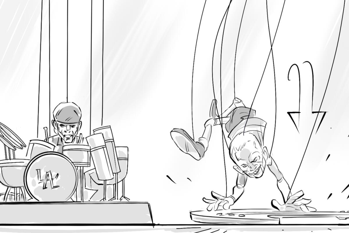 A sketch of man behind a drum kit and a man slamming a bass down on the ground.