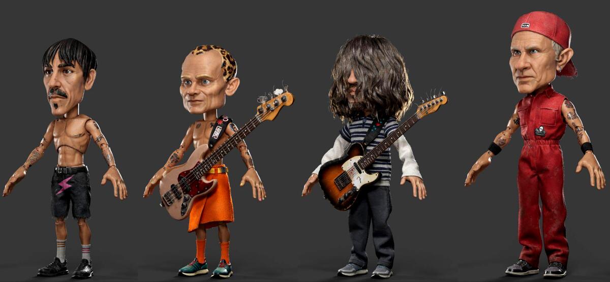 Digital renderings of four men standing with their arms apart; two in the middle hold guitars.