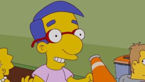 Milhouse in the cafeteria with an orange megaphone on The Simpsons