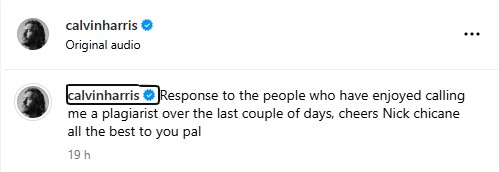 Calvin Harris's Instagram response to plagiarism accusations.INSTAGRAM