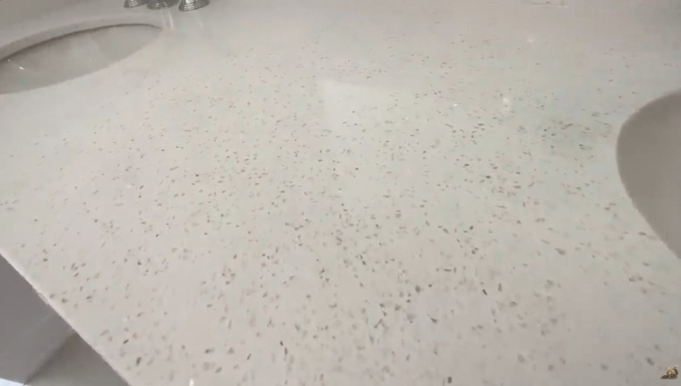 Close-up of speckled white countertop.
