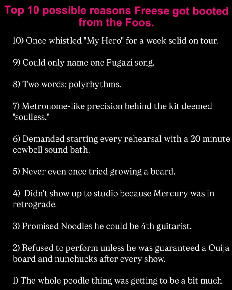 Top 10 humorous reasons a drummer was fired from the Foo Fighters.