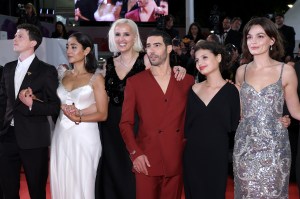 Finnegan Oldfield, Golshifteh Farahani, Julia Ducournau, Tahar Rahim, Mélissa Boros and Emma Mackey attend the "Alpha" red carpet at the 78th annual Cannes Film Festival at Palais des Festivals on May 19, 2025 in Cannes, France.
