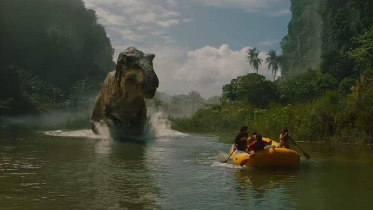 image of a dinosaur chasing a boat in jurassic world rebirth trailer