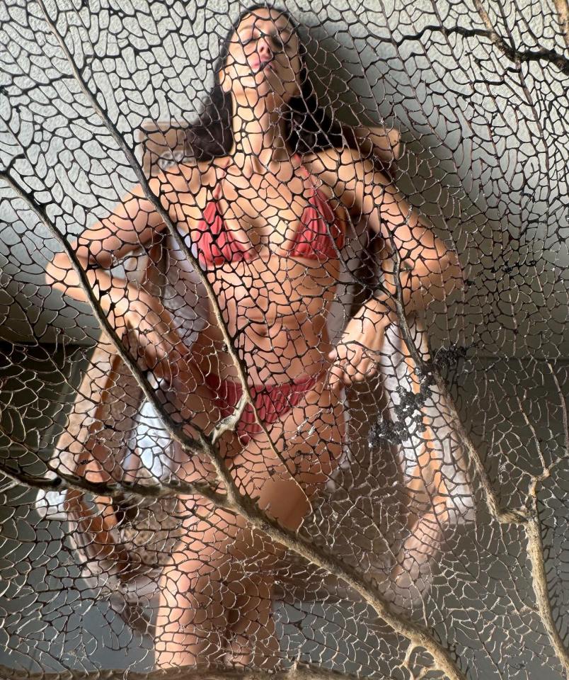 Woman in red bikini seen through a dried leaf.