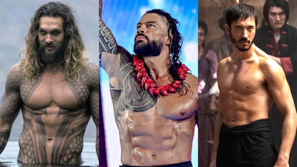 image of jason momoa, andrew koji, and roman reigns all with shirts off, as they are in talks to star in street fighter film