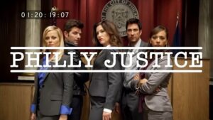 Amy Poehler, Adam Scott, Kathryn Hahn, Dylan McDermott, and Rashida Jones in the fake legal drama, Philly Justice.