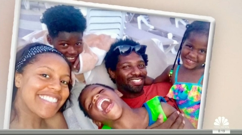 Family photo of Sheinelle Jones and her husband with their three children.