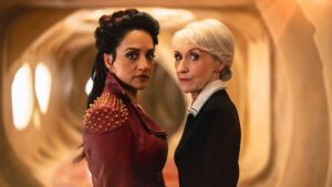 Archie Panjabi and Anita Dobson as the two Ranis in Doctor Who