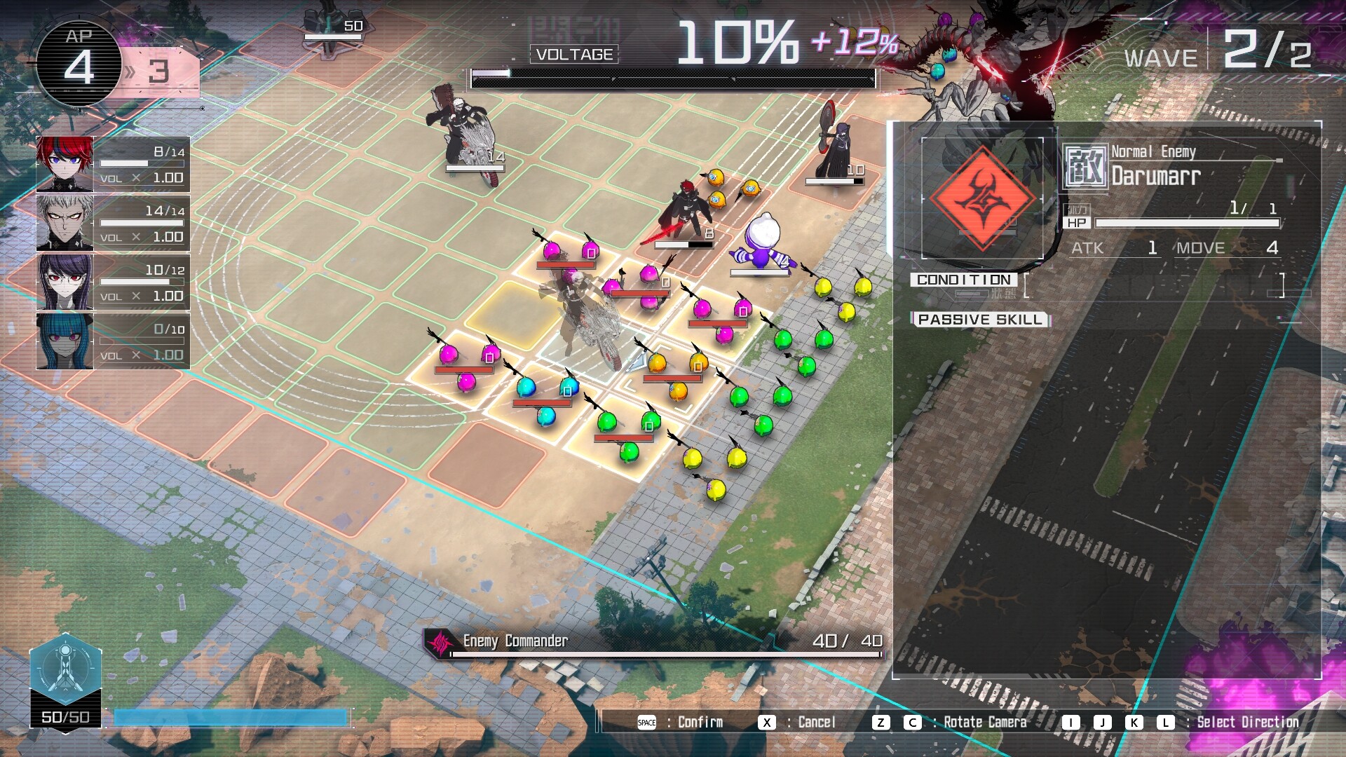 Screenshot from Last Defense Academy featuring a bird’s-eye view of a grid-based battlefield filled with enemy monsters and black-clad allies.