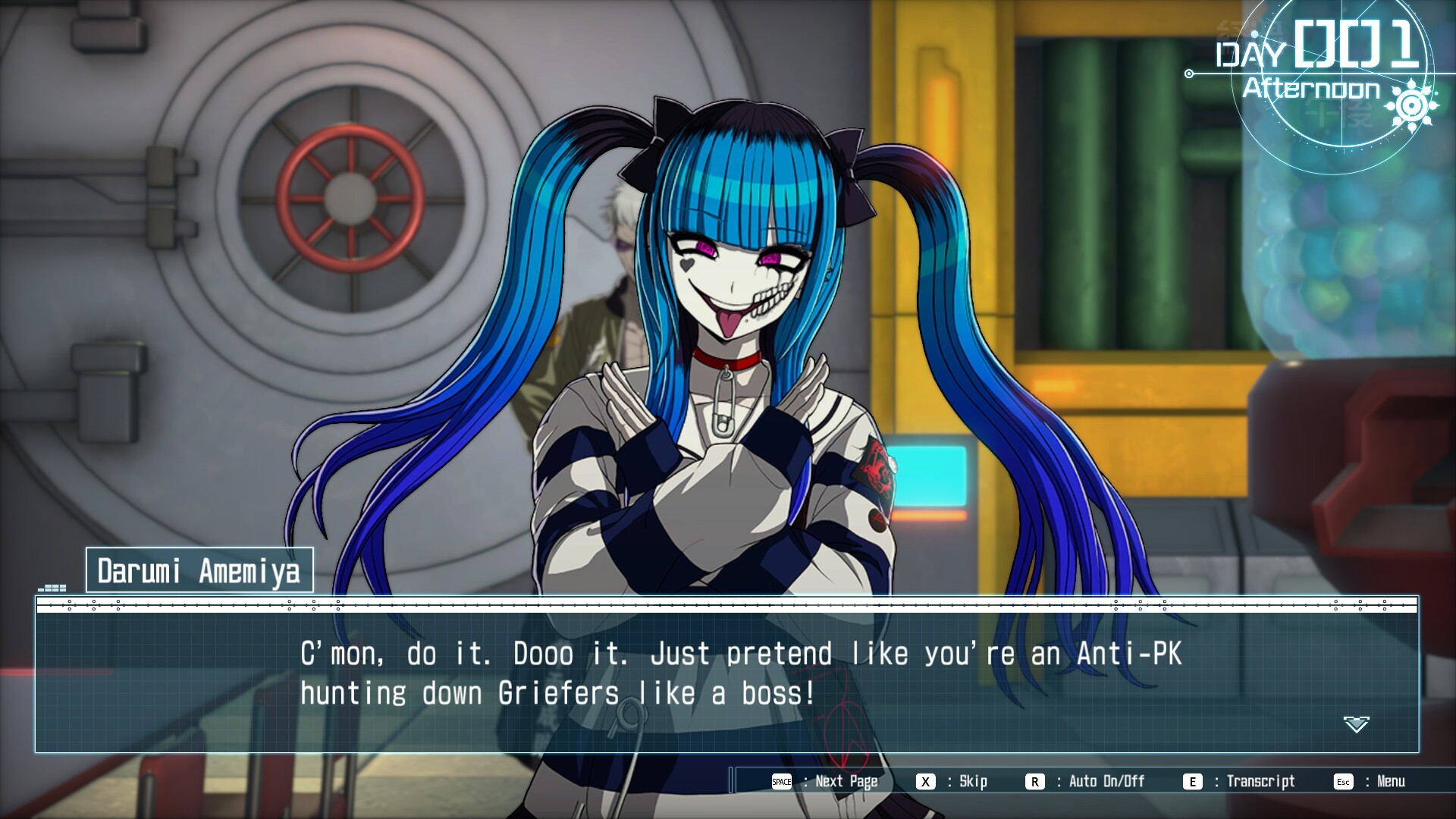 Screenshot from Last Defense Academy featuring Darumi Amemiya, a young woman with a gruesome expression in white makeup, teeth drawn on her face, and blue hair.
