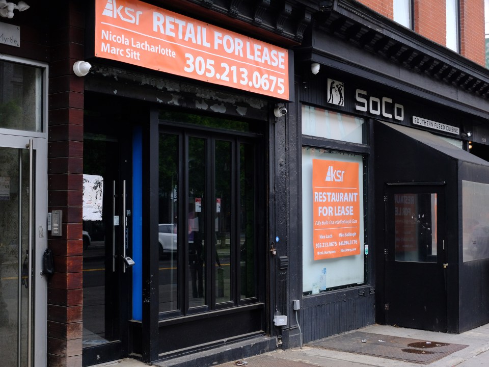 Photo of a closed restaurant, SoCo Southern Fused Cuisine, with "Retail for Lease" and "Restaurant for Lease" signs in Brooklyn, New York.