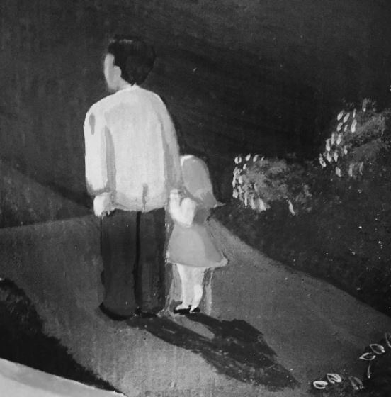 Black and white illustration of a man and child walking away.