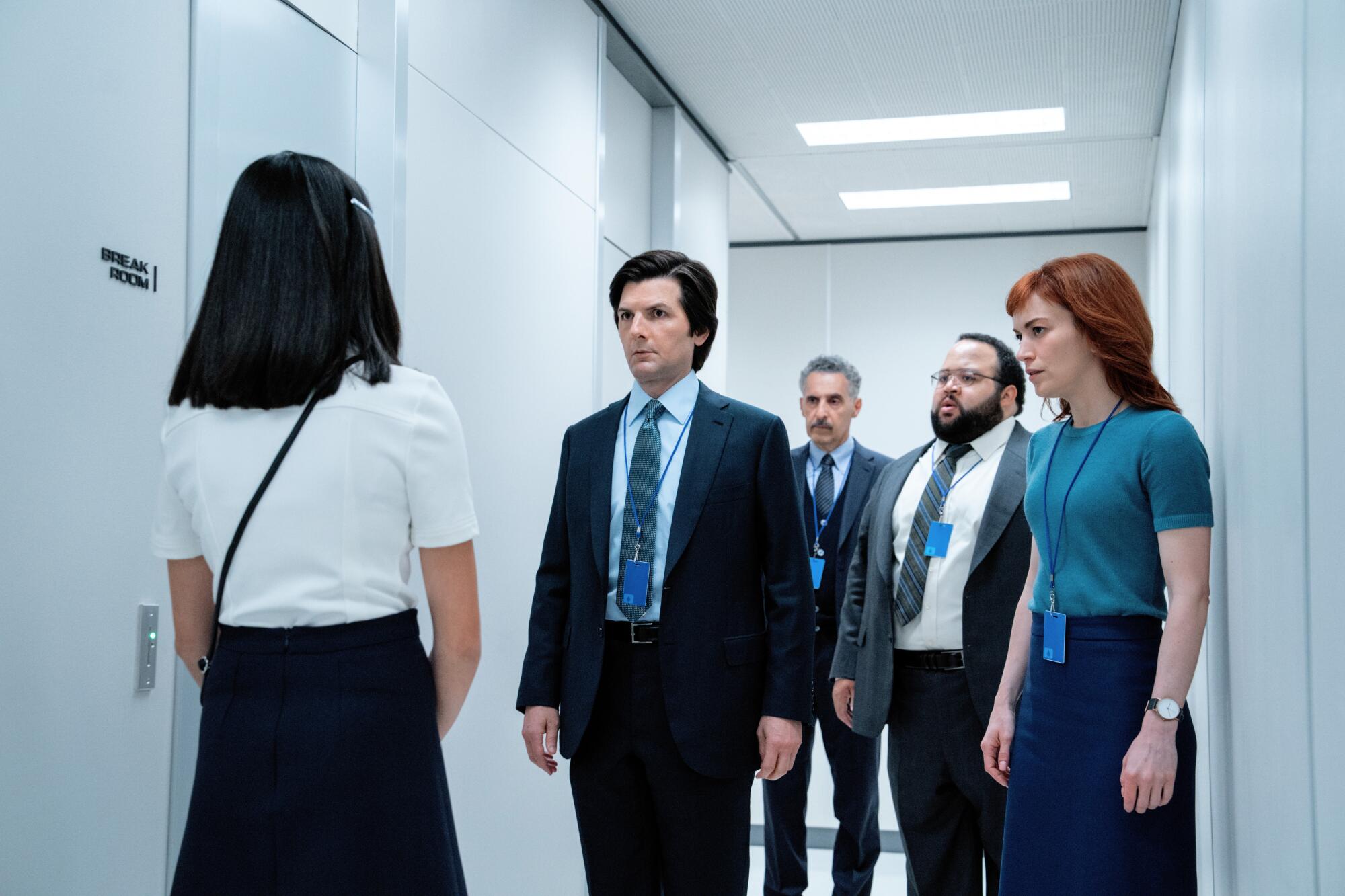 Sarah Bock, Adam Scott, John Turturro, Zach Cherry and Britt Lower in "Severance."