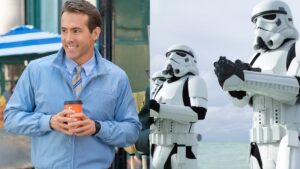 (Left) Ryan Reynolds in Free Guy (Right) Stormtroppers in Rogue One.