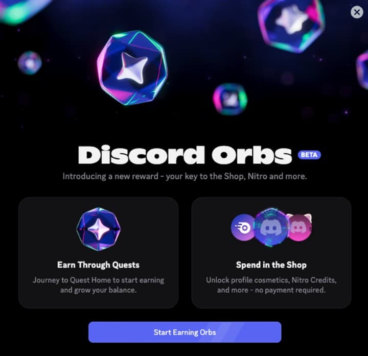 A notification alerting Discord users that they have access to Orbs.