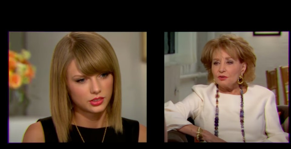 Taylor Swift and Barbara Walters in a split screen interview.