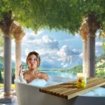 Woman in a bubble bath holding a bar of soap; a candle and rubber ducky on a bath caddy.