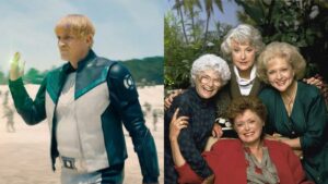 (Left) Nathan Fillion as Green Lantern in Superman (Right) The cast of The Golden Girls.