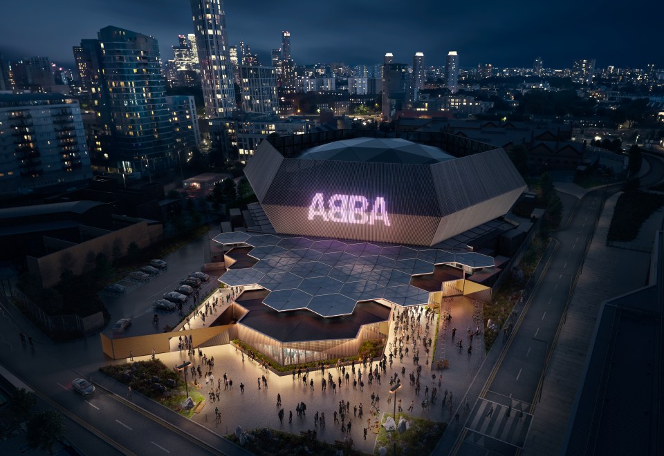 Illustration of the ABBA Voyage arena at night.