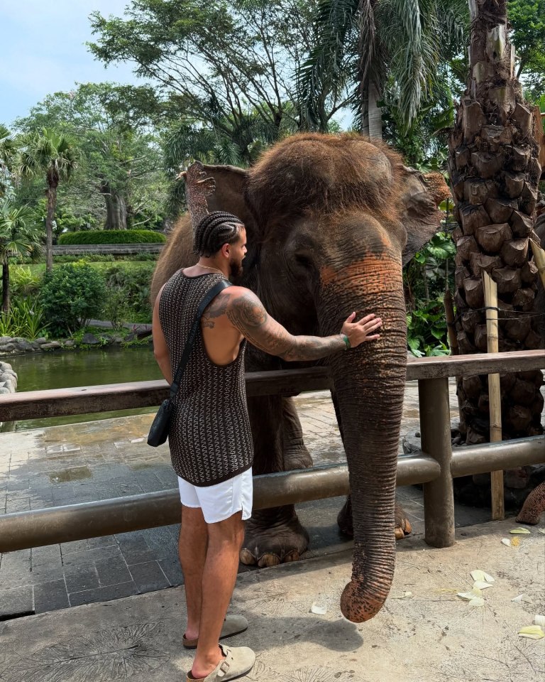 Man petting an elephant.