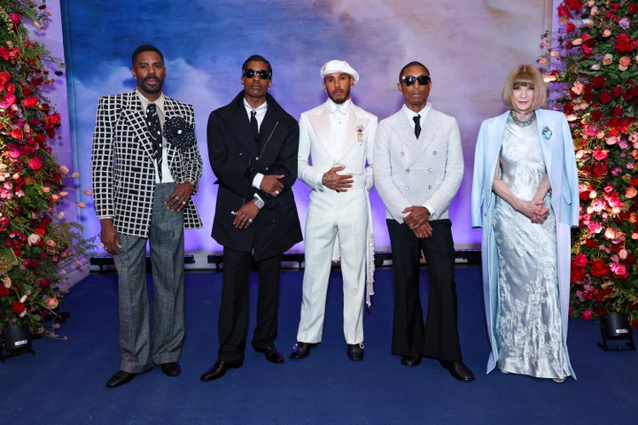 From left: Colman Domingo, Rocky, Lewis Hamilton, Pharrell Williams and Wintour attend the 2025 Met Gala.