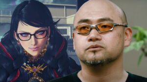 An image of Hideki Kamiya next to Bayonetta.