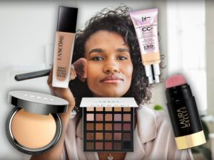 Woman Doing Her Makeup Surrounded By Amazon Cosmetics
