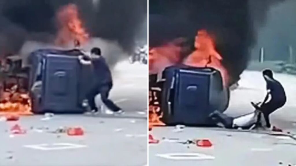 Chinese man goes viral saving driver from burning car before it explodes