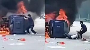 Chinese man goes viral saving driver from burning car before it explodes