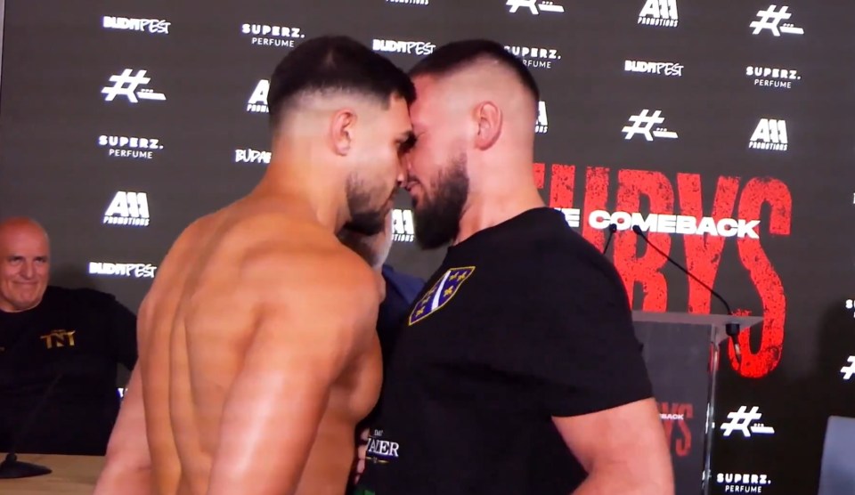 Tommy Fury shoving opponent Kenan Hanjalic at a press conference.