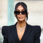 Kim Kardashian leaving a courthouse after testifying in a jewelry robbery trial.
