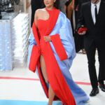 Kylie Jenner at the Met Gala in a red and light blue dress.