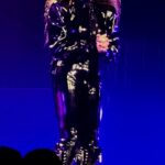 Janet Jackson in a Catwoman-inspired leather outfit on stage.