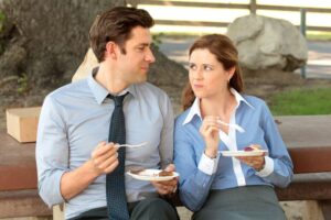 Since starring on the show, Jenna Fischer, seen here in a scene with John Krasinski, has rewatched all of the episodes for her "Office Ladies" podcast with her former co-star Angela Kinsey.