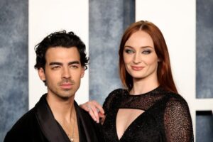 Joe Jonas (left) and Sophie Turner (right) attend the 2023 Vanity Fair Oscar Party.