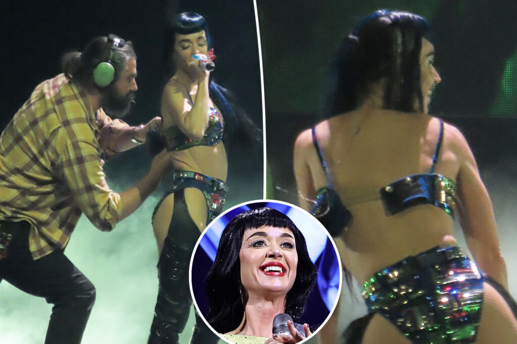 Katy Perry suffers near wardrobe malfunction after bra comes off onstage